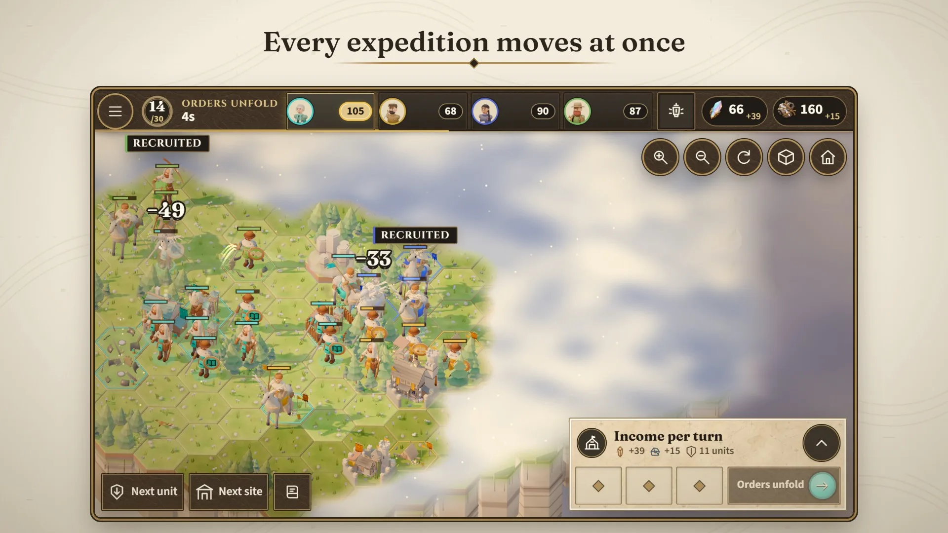 Four expeditions resolving the same turn on a small hex map.