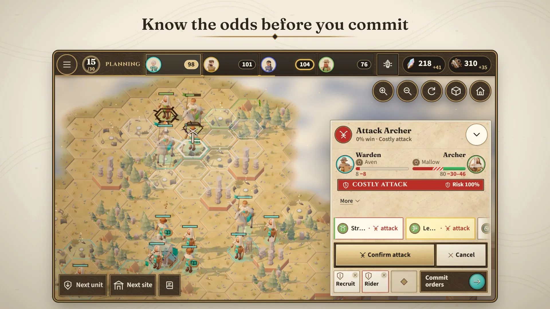The attack forecast showing the odds before orders are committed.